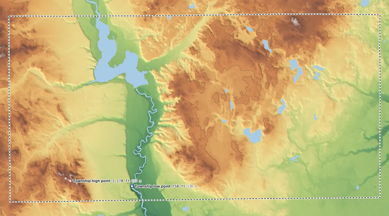 Topographic elevation map of Curtis Township, Michigan, shaded from 750 ft on the southwest side to 1,170 ft on the west side