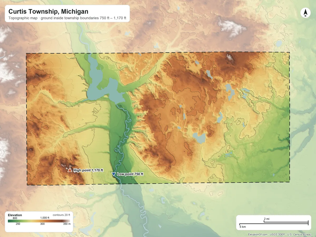 Topographic elevation map of Curtis Township, Michigan, shaded from 750 ft on the southwest side to 1,170 ft on the west side