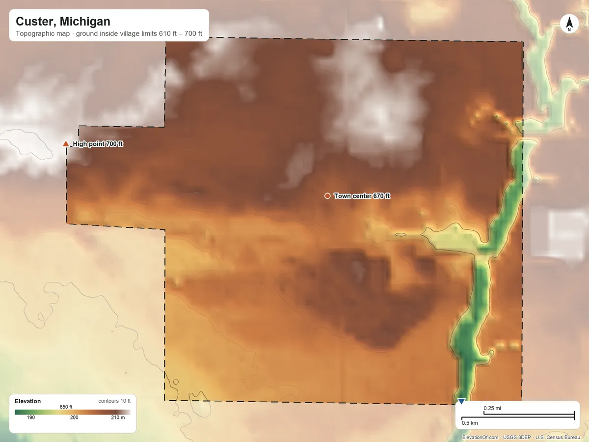 Topographic elevation map of Custer, Michigan, shaded from 610 ft on the southeast side to 700 ft on the west side