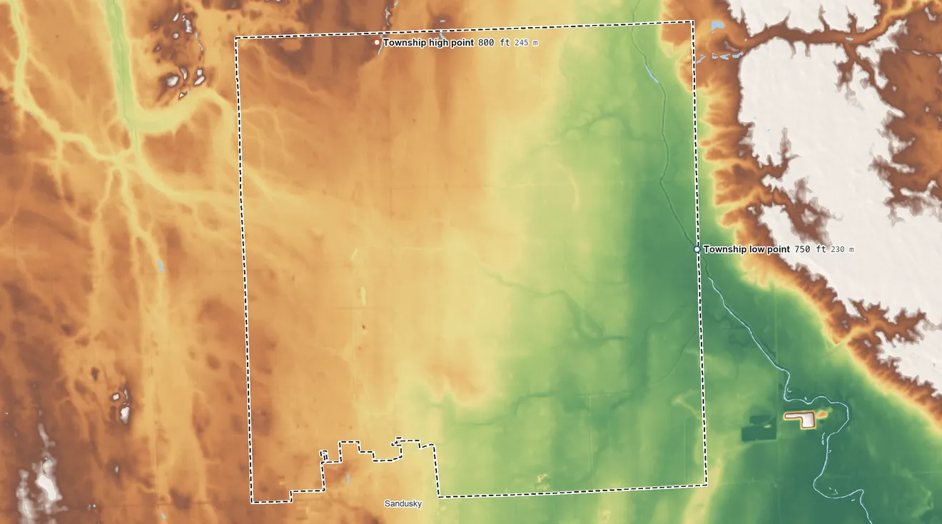 Topographic elevation map of Custer Township, Sanilac County, Michigan, shaded from 750 ft on the east side to 800 ft on the north side