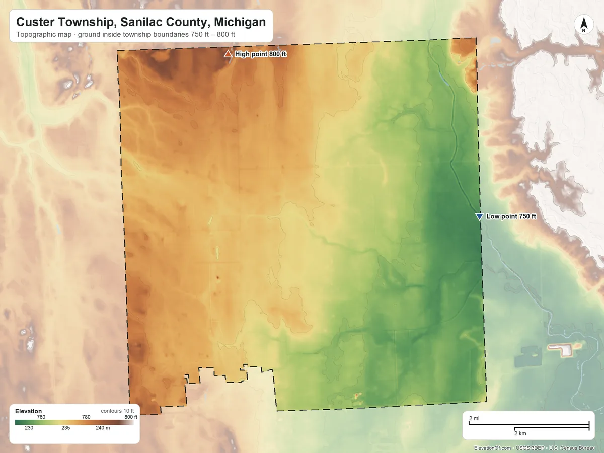 Topographic elevation map of Custer Township, Sanilac County, Michigan, shaded from 750 ft on the east side to 800 ft on the north side