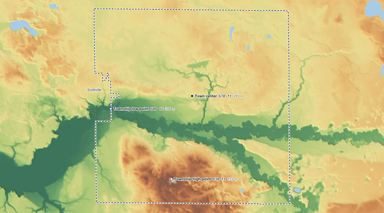 Topographic elevation map of Custer Township, Michigan, shaded from 600 ft on the west side to 830 ft on the south side