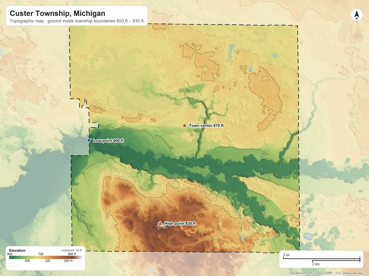 Topographic elevation map of Custer Township, Michigan, shaded from 600 ft on the west side to 830 ft on the south side
