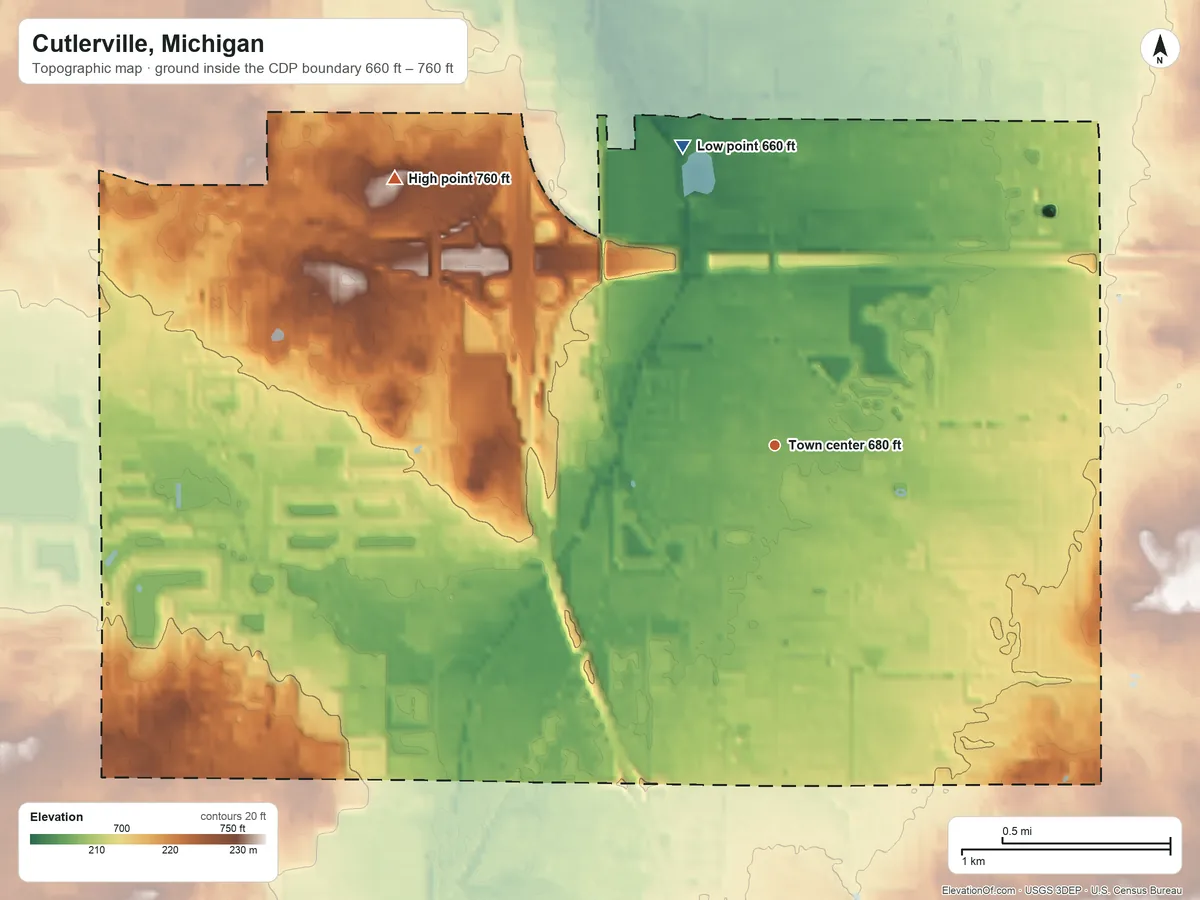 Topographic elevation map of Cutlerville, Michigan, shaded from 660 ft on the north side to 760 ft on the northwest side