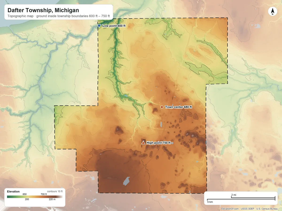 Topographic elevation map of Dafter Township, Michigan, shaded from 600 ft on the northwest side to 750 ft on the southwest side