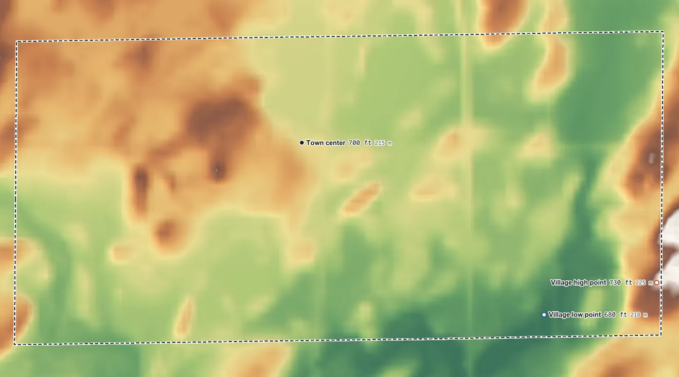 Topographic elevation map of Daggett, Michigan, shaded from 680 ft on the southeast side to 730 ft on the east side