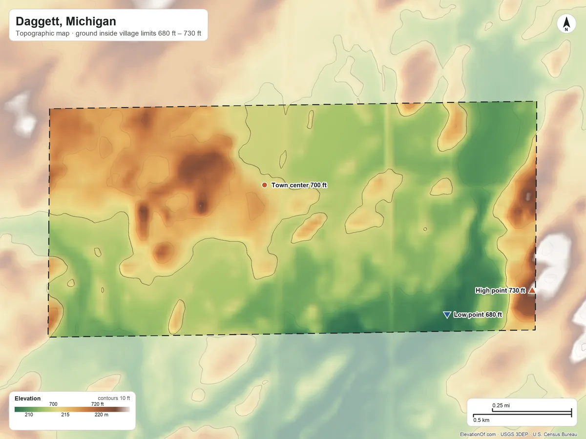 Topographic elevation map of Daggett, Michigan, shaded from 680 ft on the southeast side to 730 ft on the east side