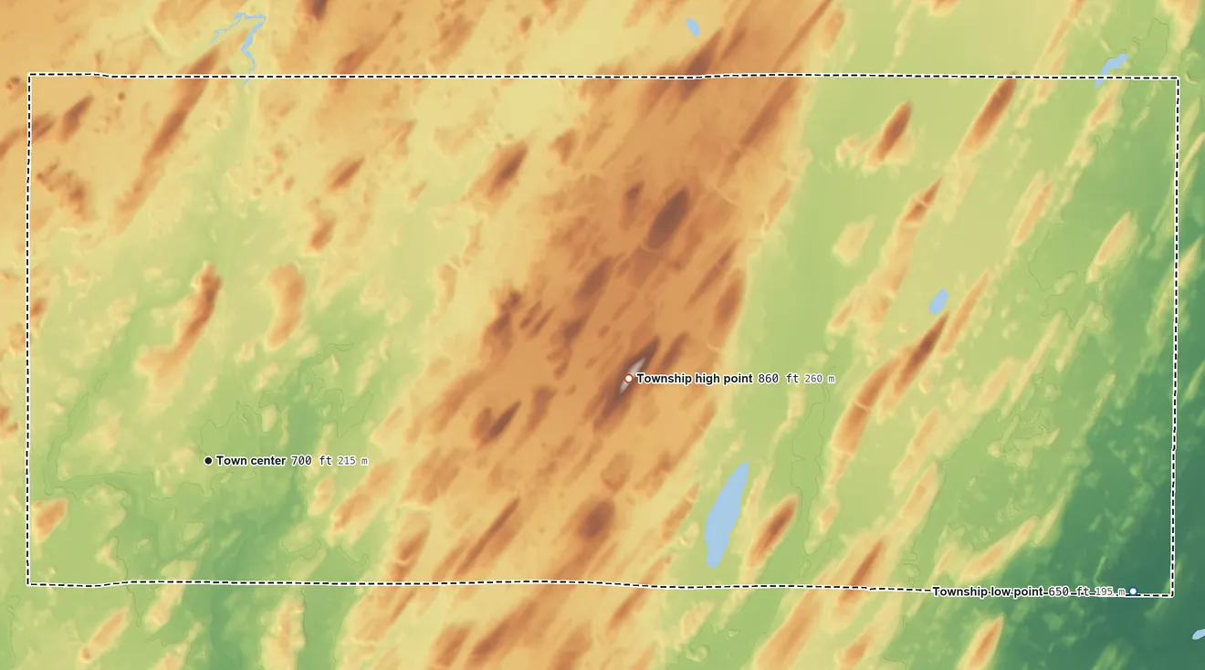 Topographic elevation map of Daggett Township, Michigan, shaded from 650 ft on the east side to 860 ft on the east side