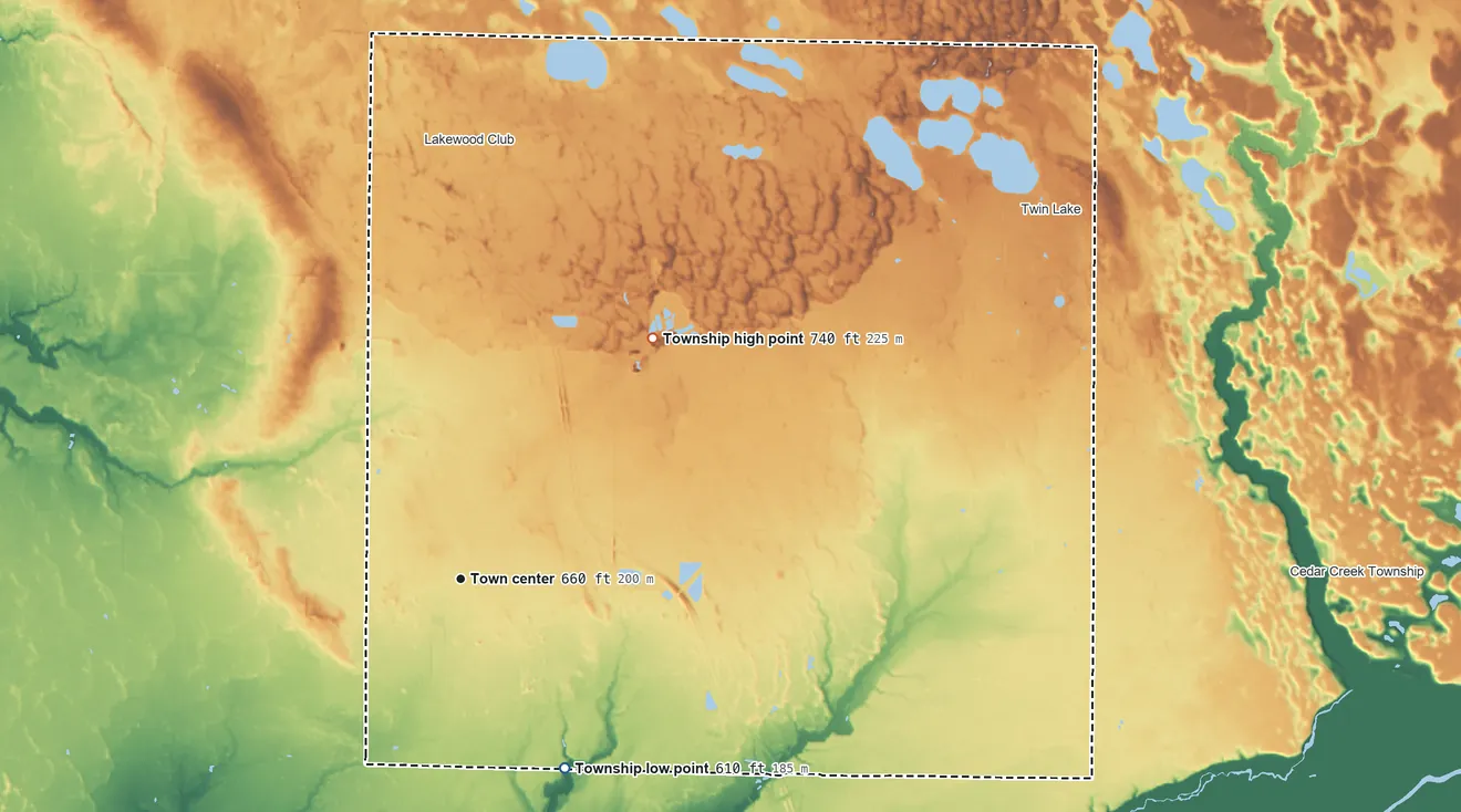 Topographic elevation map of Dalton Township, Michigan, shaded from 610 ft on the southeast side to 740 ft on the northeast side