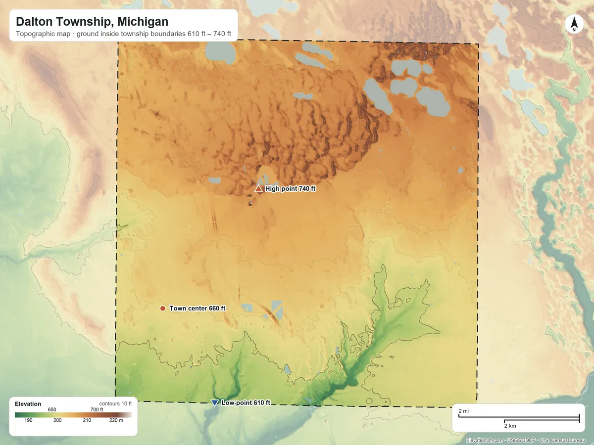 Topographic elevation map of Dalton Township, Michigan, shaded from 610 ft on the southeast side to 740 ft on the northeast side