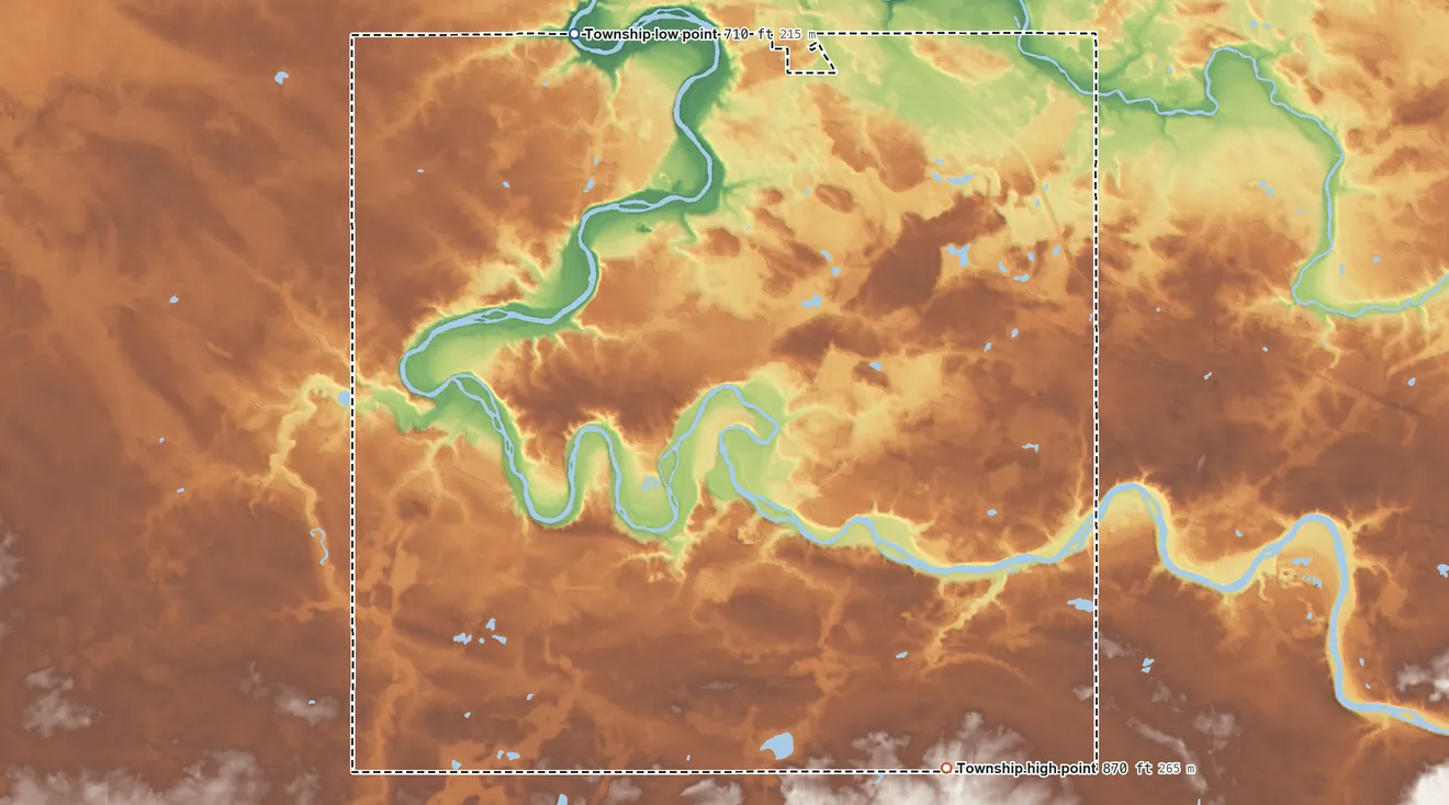 Topographic elevation map of Danby Township, Michigan, shaded from 710 ft on the northwest side to 870 ft on the southeast side
