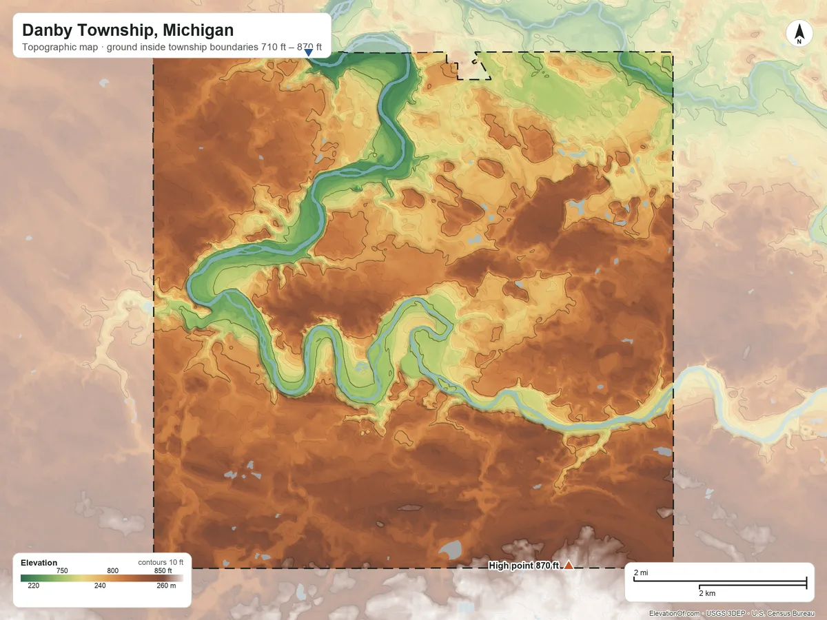 Topographic elevation map of Danby Township, Michigan, shaded from 710 ft on the northwest side to 870 ft on the southeast side