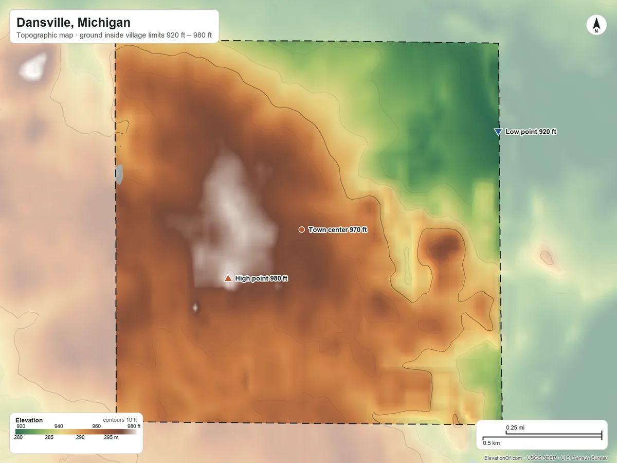 Topographic elevation map of Dansville, Michigan, shaded from 920 ft on the northeast side to 980 ft on the southwest side