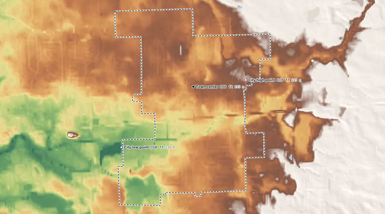 Topographic elevation map of Davison, Michigan, shaded from 760 ft on the southwest side to 810 ft on the east side