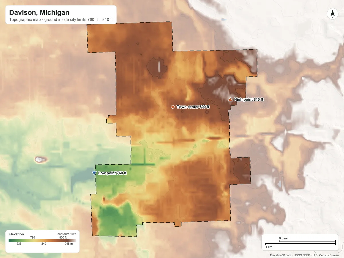 Topographic elevation map of Davison, Michigan, shaded from 760 ft on the southwest side to 810 ft on the east side