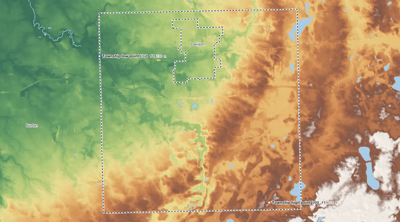 Topographic elevation map of Davison Township, Michigan, shaded from 760 ft on the northwest side to 900 ft on the southeast side