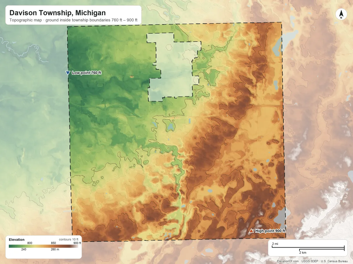 Topographic elevation map of Davison Township, Michigan, shaded from 760 ft on the northwest side to 900 ft on the southeast side