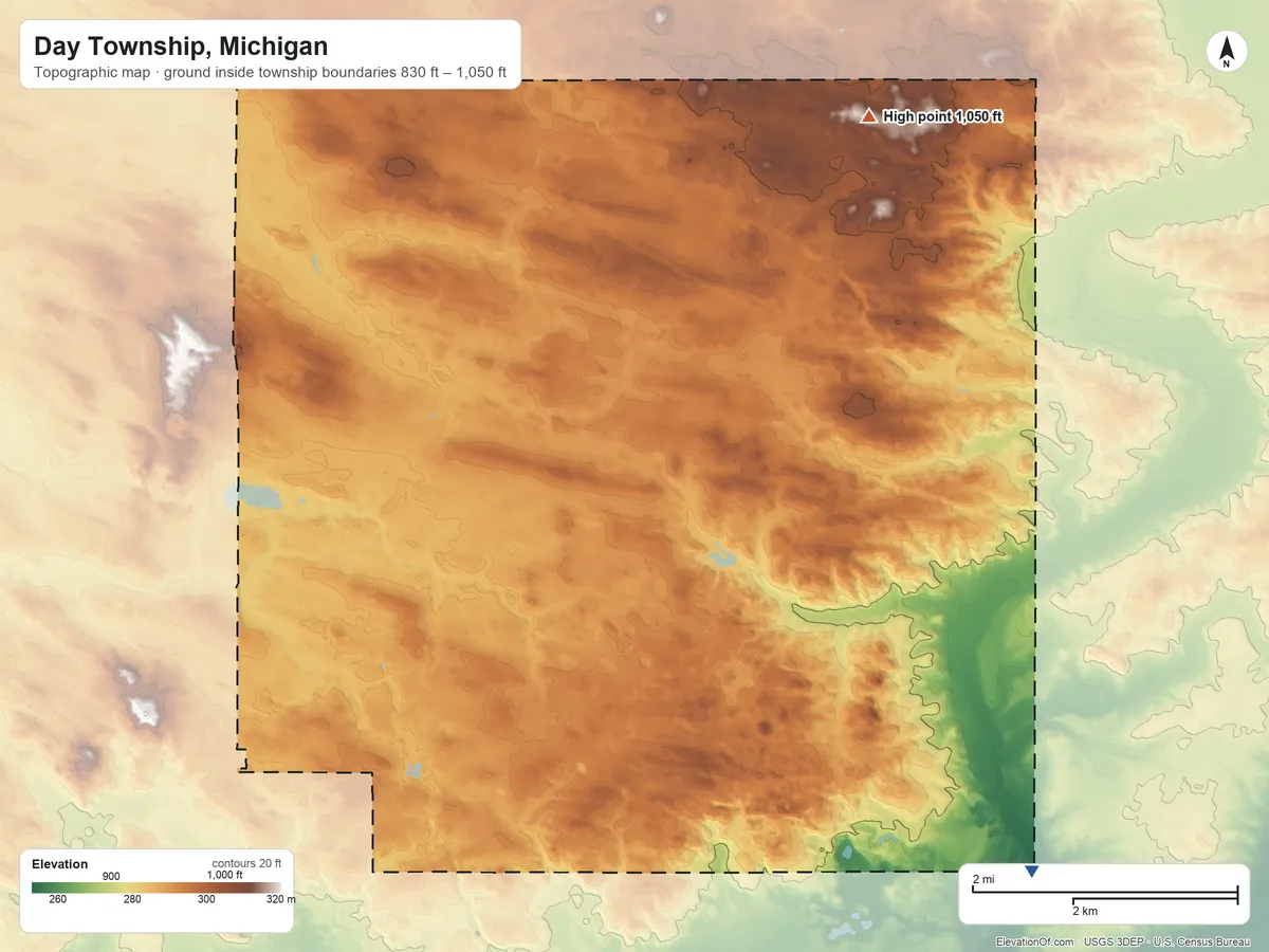 Topographic elevation map of Day Township, Michigan, shaded from 830 ft on the southeast side to 1,050 ft on the northeast side