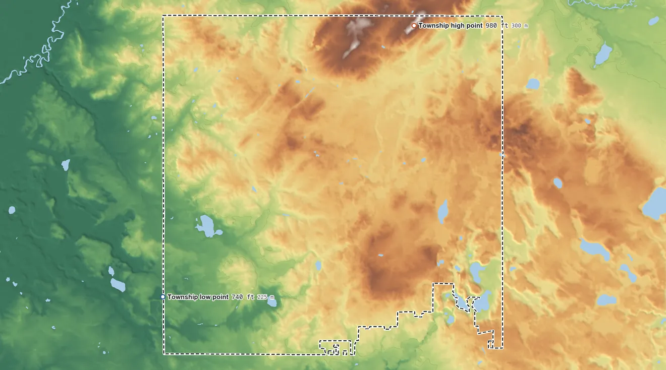 Topographic elevation map of Dayton Township, Michigan, shaded from 740 ft on the southwest side to 980 ft on the north side