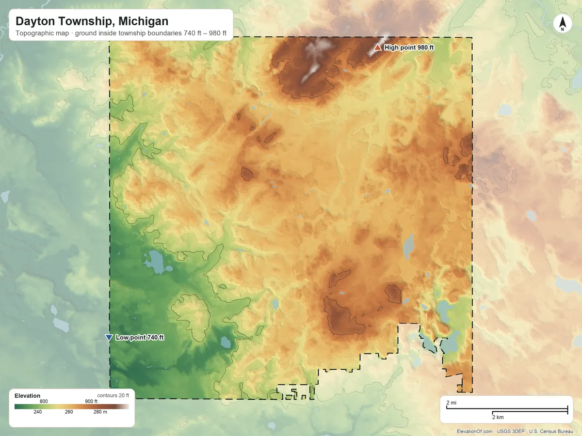 Topographic elevation map of Dayton Township, Michigan, shaded from 740 ft on the southwest side to 980 ft on the north side