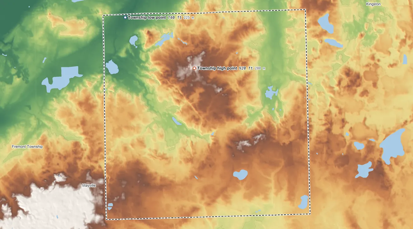 Topographic elevation map of Dayton Township, Tuscola County, Michigan, shaded from 740 ft on the northwest side to 920 ft on the north side