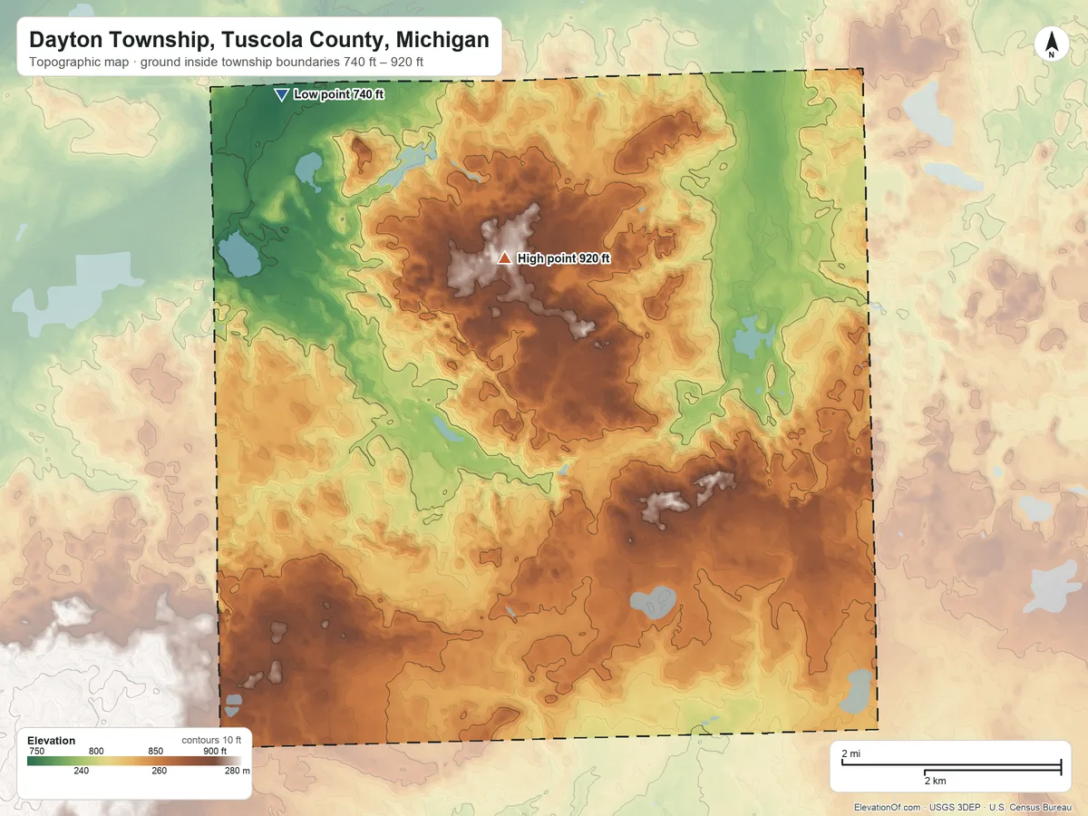 Topographic elevation map of Dayton Township, Tuscola County, Michigan, shaded from 740 ft on the northwest side to 920 ft on the north side