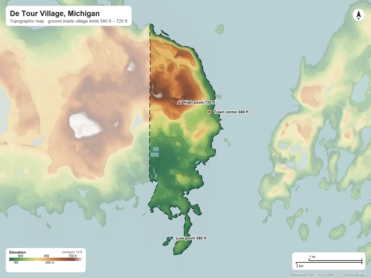 Topographic elevation map of De Tour Village, Michigan, shaded from 580 ft on the south side to 720 ft on the west side