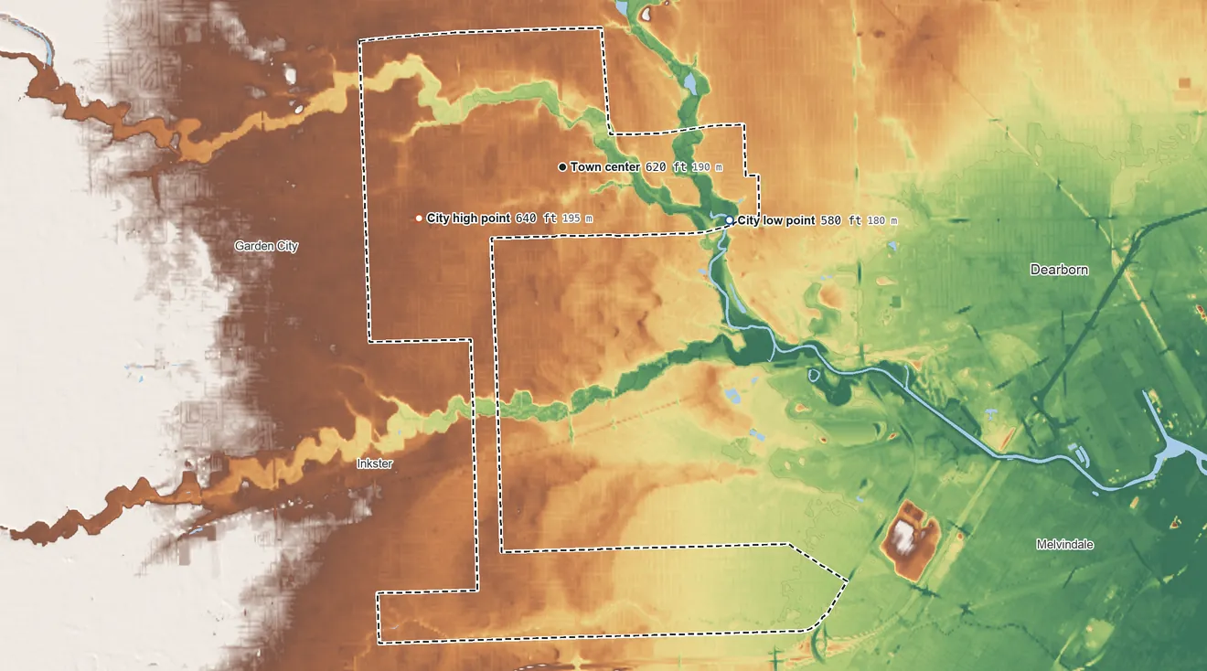 Topographic elevation map of Dearborn Heights, Michigan, shaded from 580 ft on the east side to 640 ft on the west side