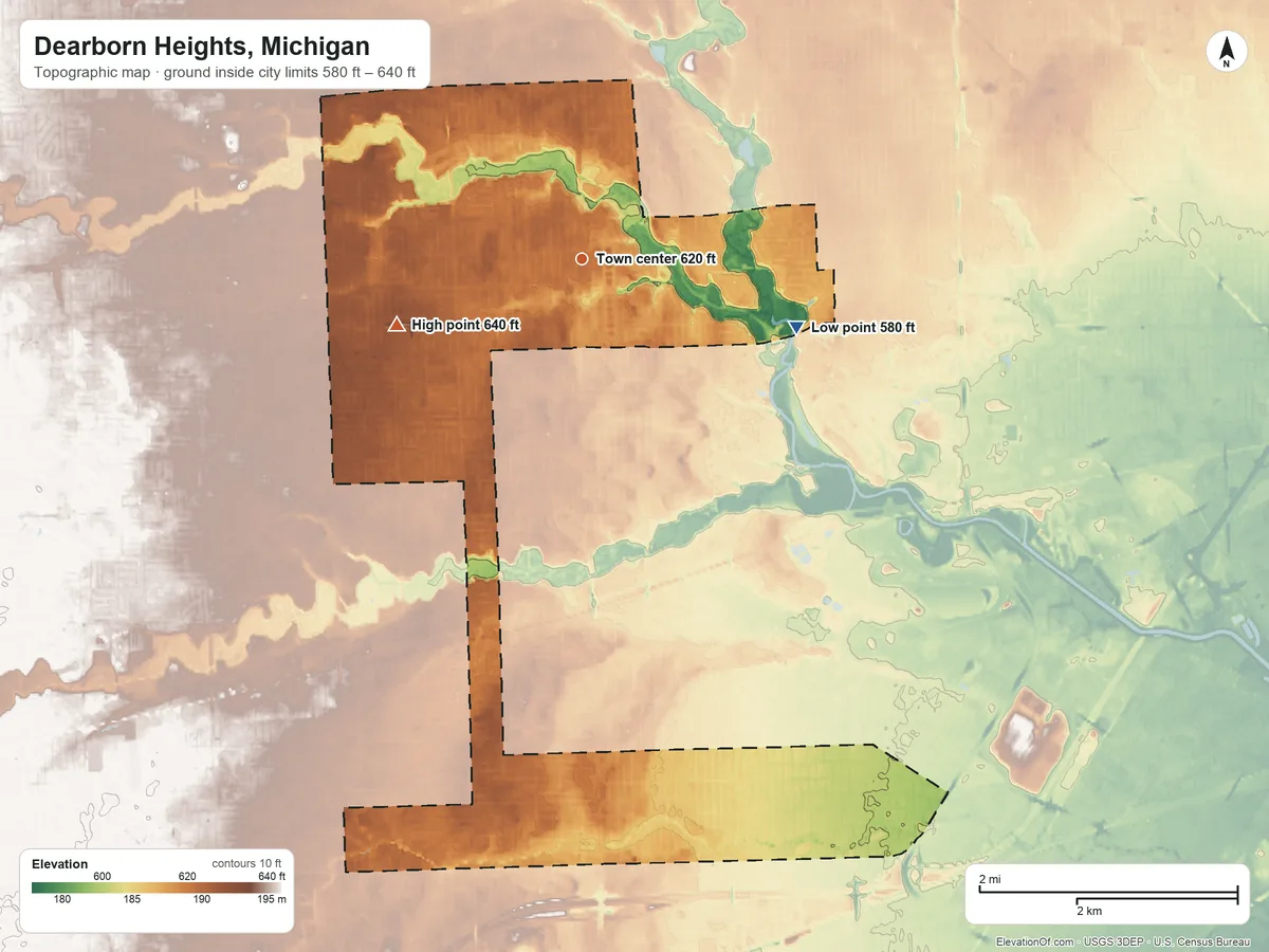 Topographic elevation map of Dearborn Heights, Michigan, shaded from 580 ft on the east side to 640 ft on the west side