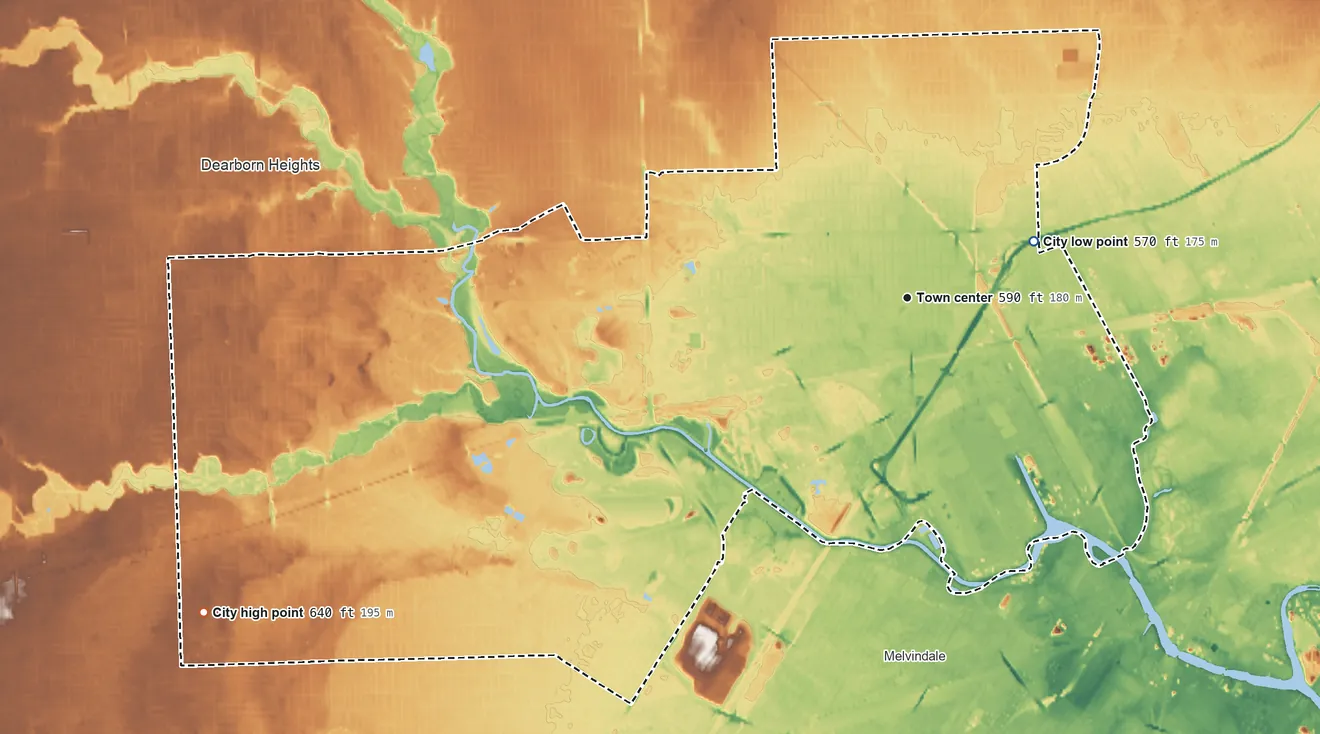 Topographic elevation map of Dearborn, Michigan, shaded from 570 ft on the northeast side to 640 ft on the southwest side
