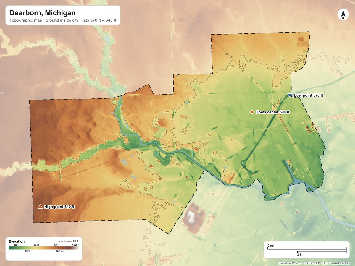 Topographic elevation map of Dearborn, Michigan, shaded from 570 ft on the northeast side to 640 ft on the southwest side