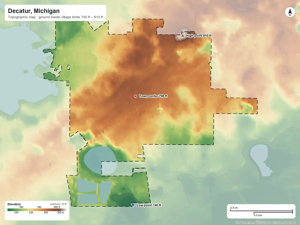 Topographic elevation map of Decatur, Michigan, shaded from 740 ft on the south side to 810 ft on the northeast side