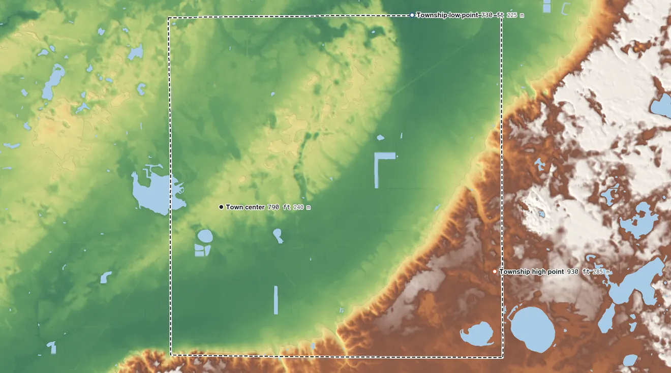 Topographic elevation map of Decatur Township, Michigan, shaded from 730 ft on the northeast side to 930 ft on the east side