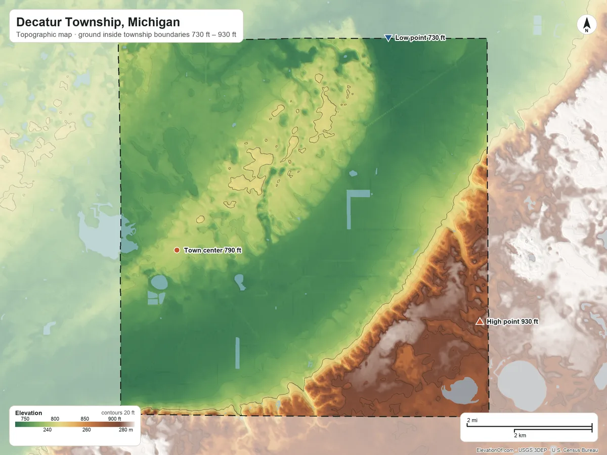 Topographic elevation map of Decatur Township, Michigan, shaded from 730 ft on the northeast side to 930 ft on the east side