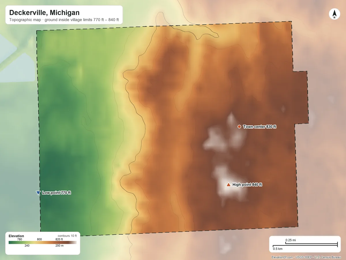 Topographic elevation map of Deckerville, Michigan, shaded from 770 ft on the west side to 840 ft on the south side