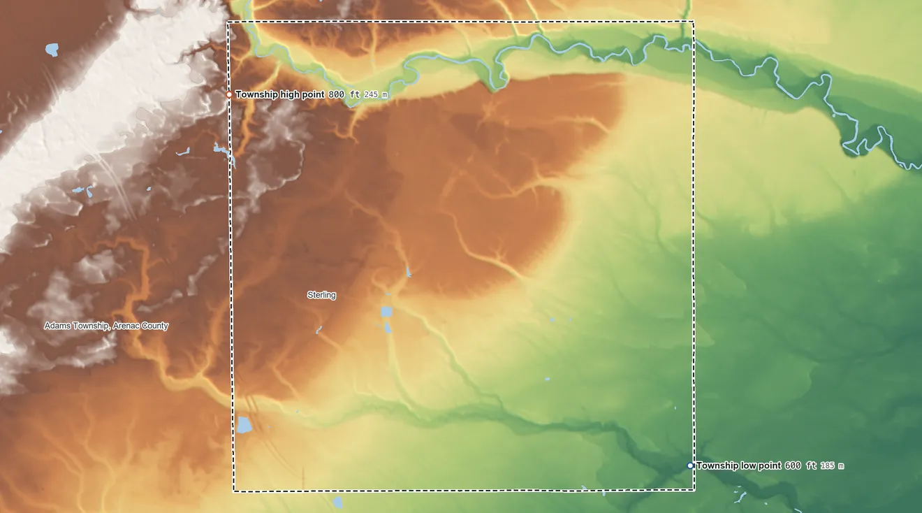 Topographic elevation map of Deep River Township, Michigan, shaded from 600 ft on the southeast side to 800 ft on the northwest side