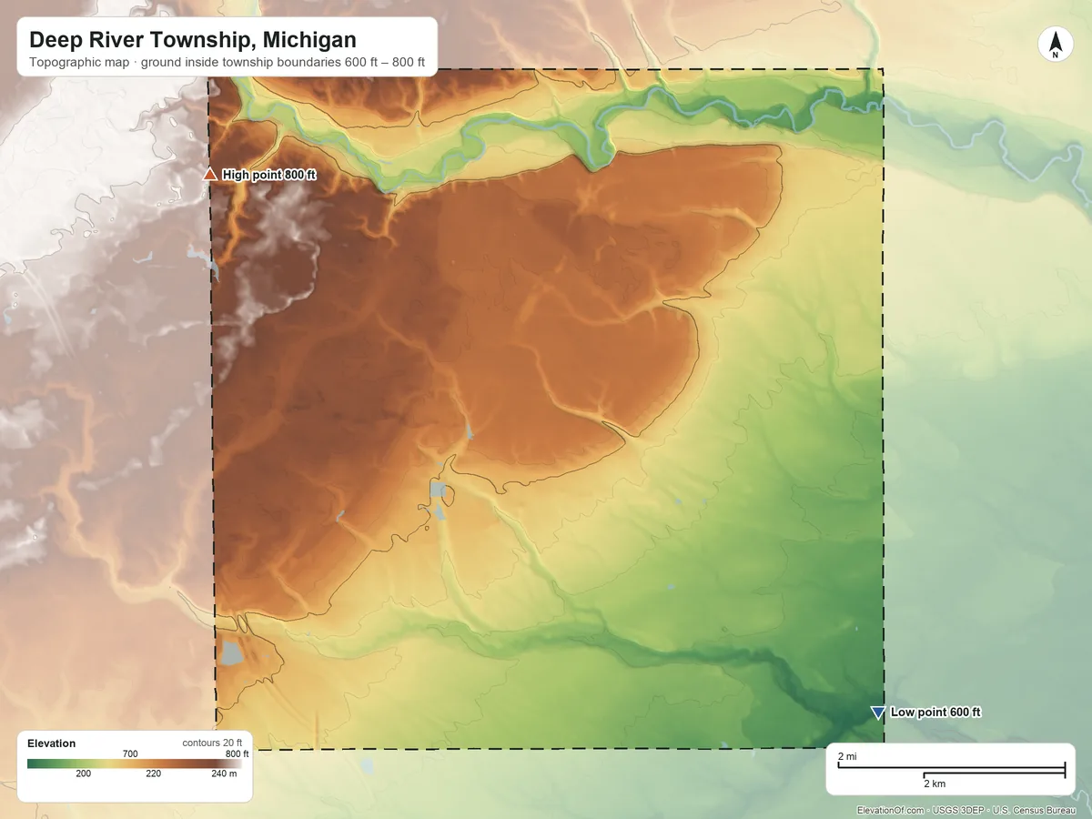 Topographic elevation map of Deep River Township, Michigan, shaded from 600 ft on the southeast side to 800 ft on the northwest side