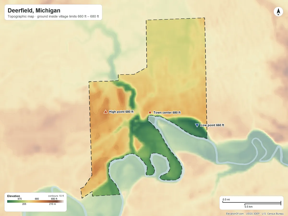 Topographic elevation map of Deerfield, Michigan, shaded from 660 ft on the east side to 680 ft on the west side