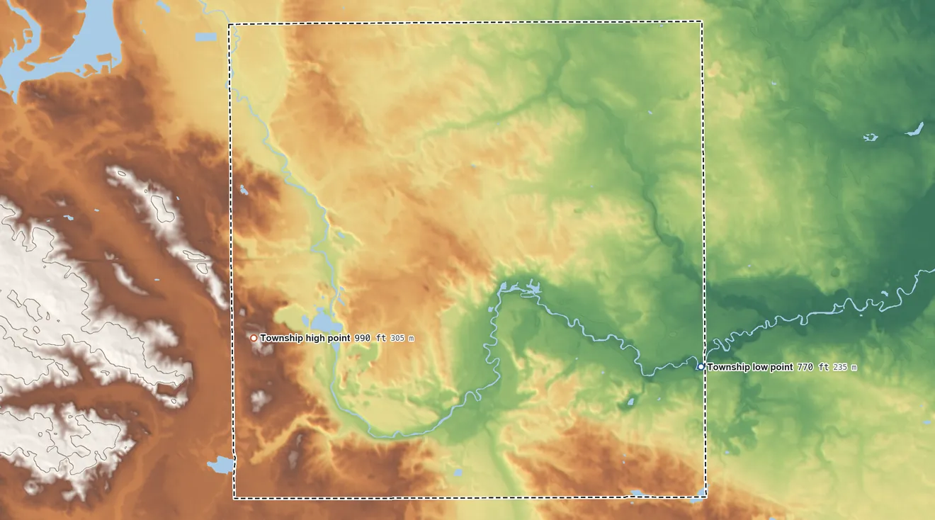 Topographic elevation map of Deerfield Township, Isabella County, Michigan, shaded from 770 ft on the southeast side to 990 ft on the west side