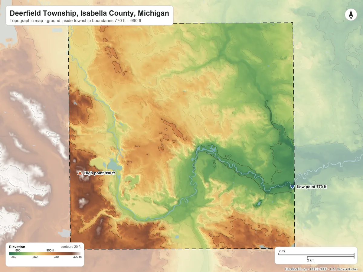 Topographic elevation map of Deerfield Township, Isabella County, Michigan, shaded from 770 ft on the southeast side to 990 ft on the west side