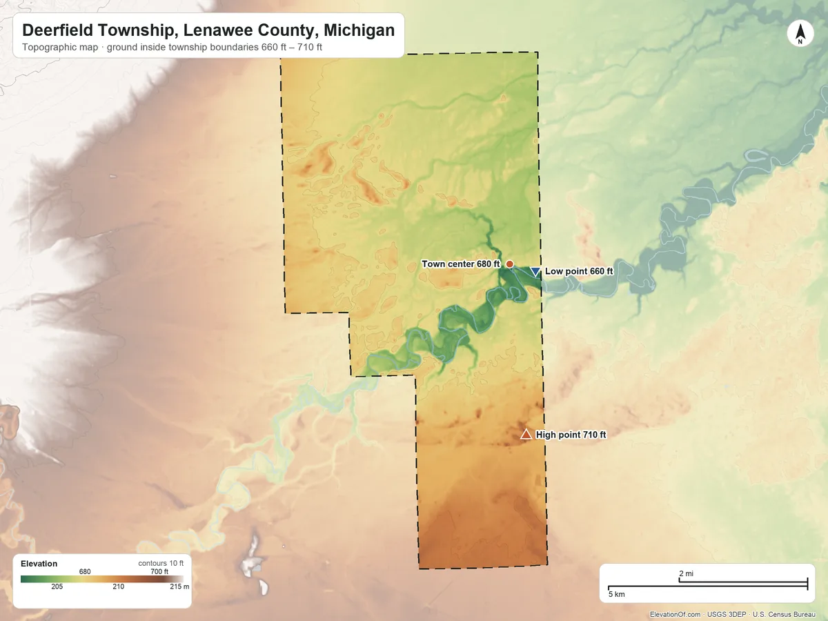 Topographic elevation map of Deerfield Township, Lenawee County, Michigan, shaded from 660 ft near the middle to 710 ft on the south side