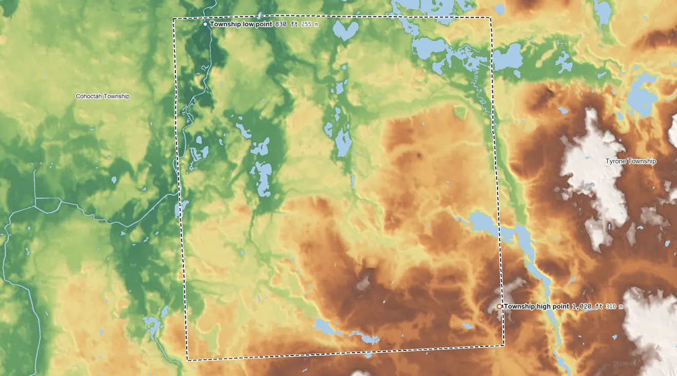 Topographic elevation map of Deerfield Township, Livingston County, Michigan, shaded from 830 ft on the northwest side to 1,020 ft on the southeast side