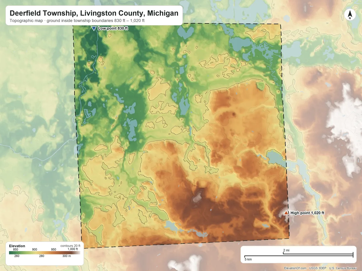 Topographic elevation map of Deerfield Township, Livingston County, Michigan, shaded from 830 ft on the northwest side to 1,020 ft on the southeast side