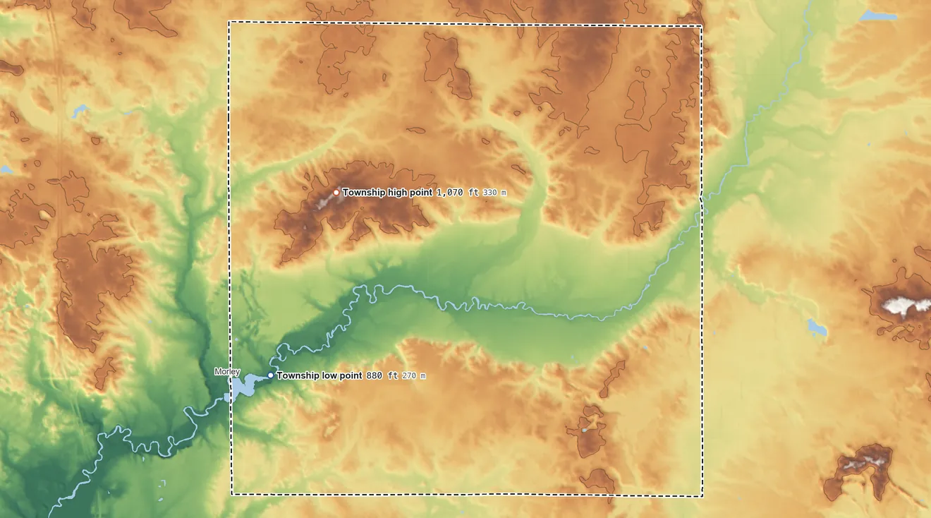 Topographic elevation map of Deerfield Township, Mecosta County, Michigan, shaded from 880 ft on the southwest side to 1,070 ft on the northwest side