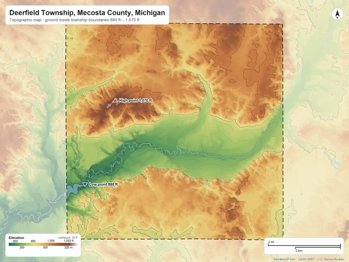 Topographic elevation map of Deerfield Township, Mecosta County, Michigan, shaded from 880 ft on the southwest side to 1,070 ft on the northwest side