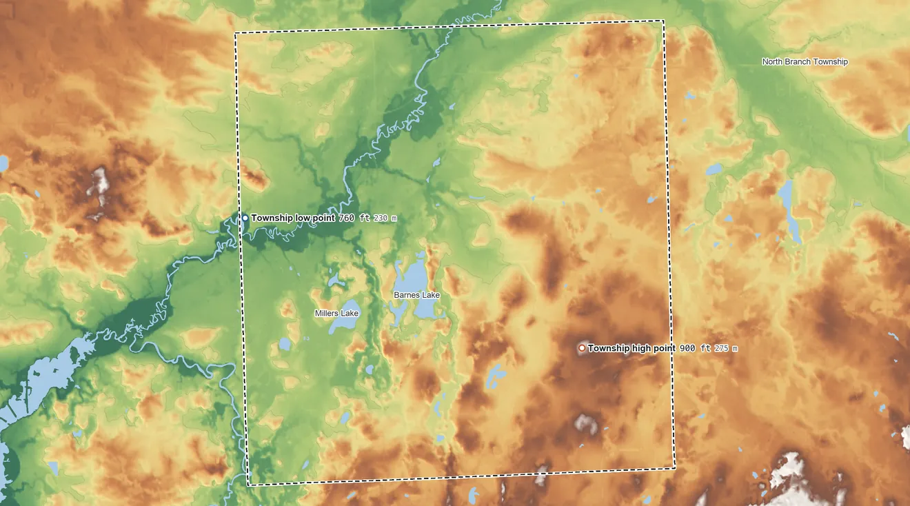 Topographic elevation map of Deerfield Township, Michigan, shaded from 760 ft on the west side to 900 ft on the southeast side