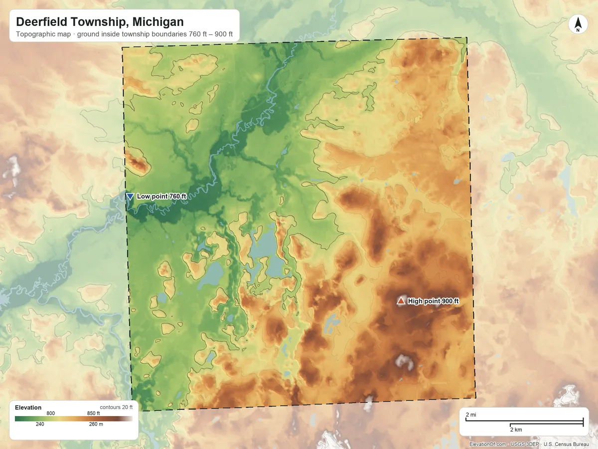 Topographic elevation map of Deerfield Township, Michigan, shaded from 760 ft on the west side to 900 ft on the southeast side