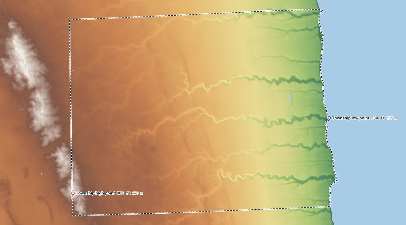 Topographic elevation map of Delaware Township, Michigan, shaded from 580 ft on the east side to 880 ft on the southwest side