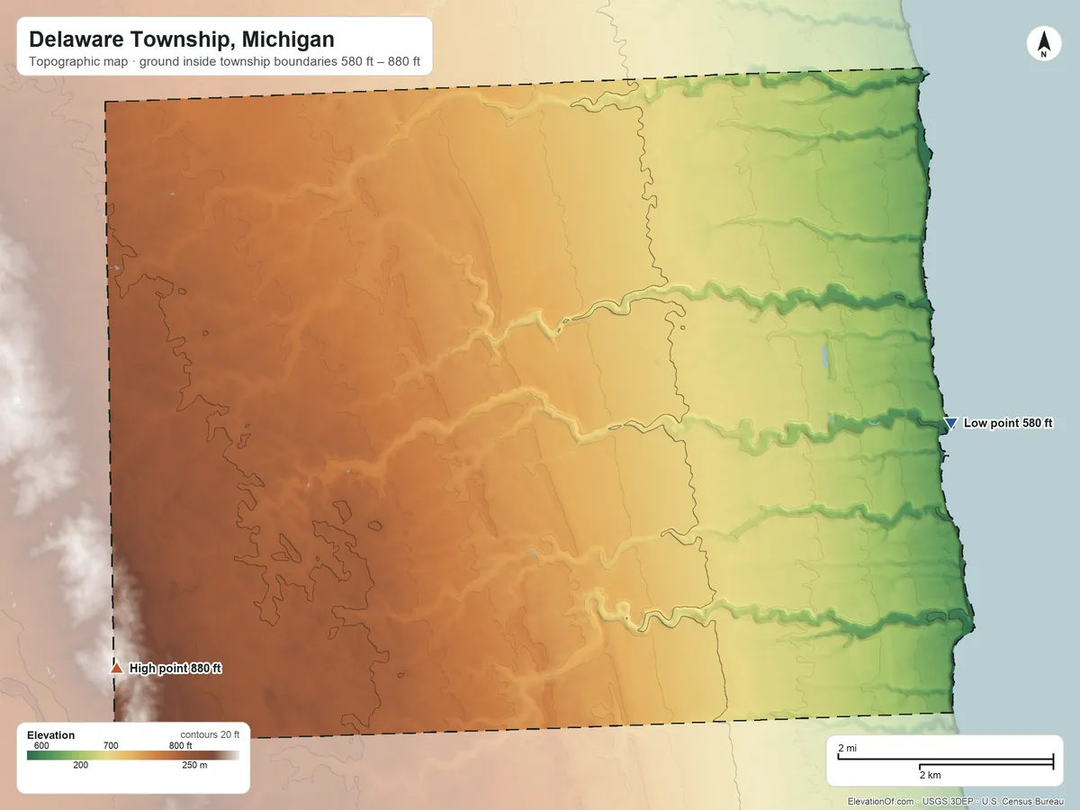 Topographic elevation map of Delaware Township, Michigan, shaded from 580 ft on the east side to 880 ft on the southwest side