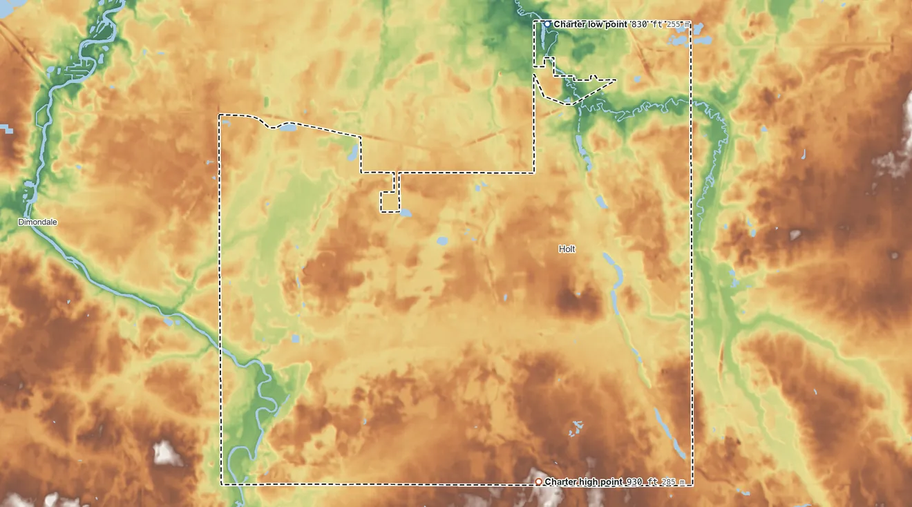 Topographic elevation map of Delhi Township, Michigan, shaded from 830 ft on the north side to 930 ft on the south side